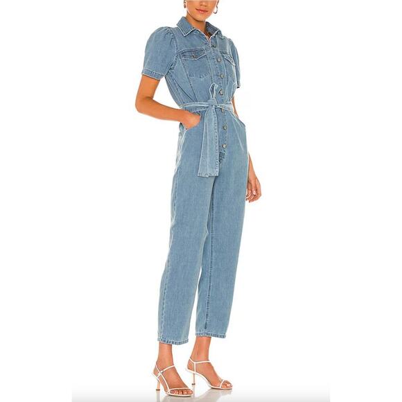 Boyish Light Blue Denim Puff Short Sleeve Belted Jumpsuit Coveralls Vincent XS